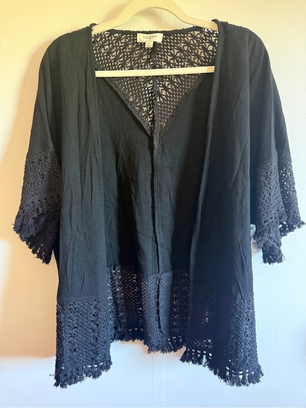 Umgee Black Linen Blend Boho Crochet Kimono Cardigan Medium